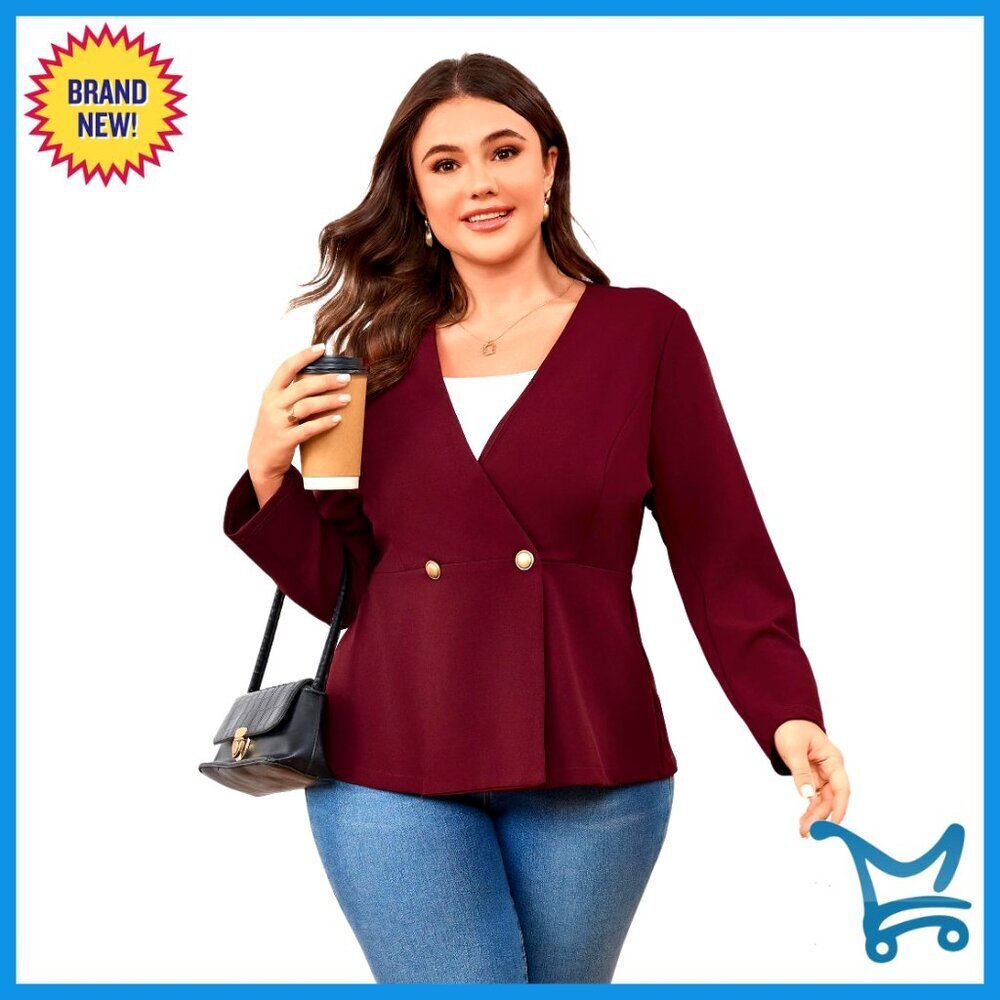 Plus Size V-Neck Blazer 3/4 Sleeve Two-Button Office Workwear Jacket